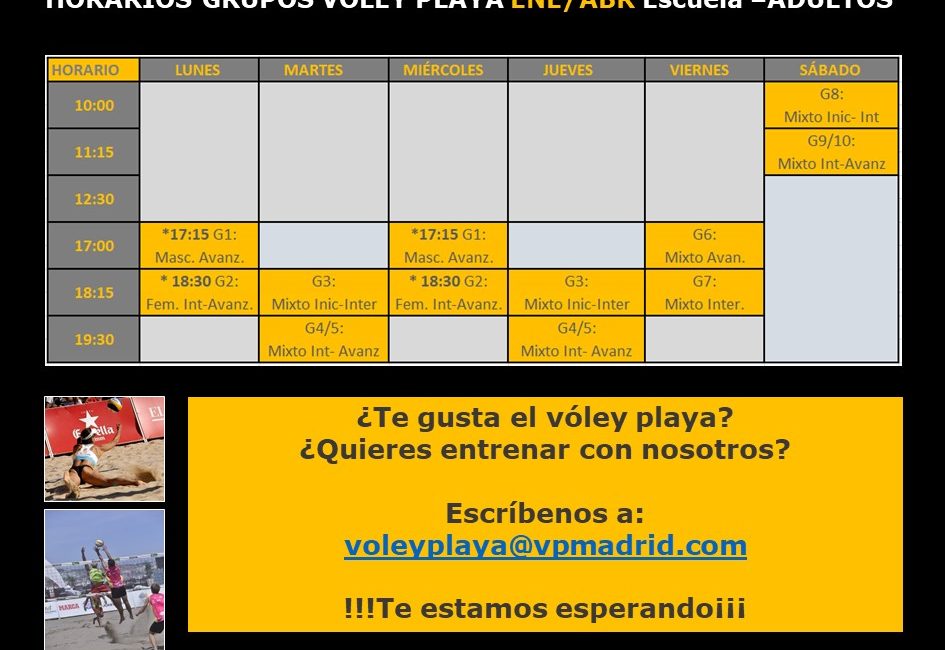 Horarios Grupos Vóley Plata Enero-Abril 2022